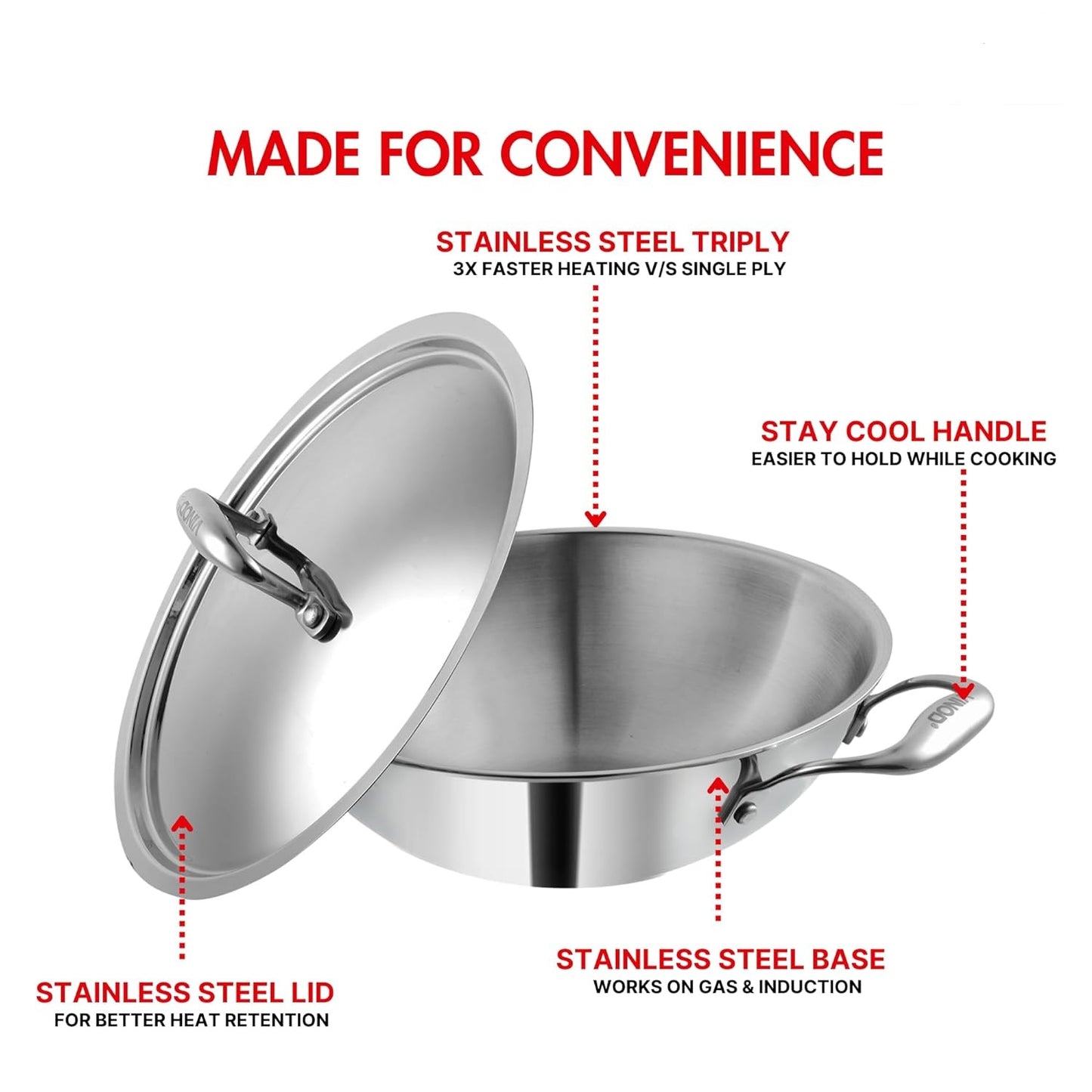 Stainless Steel Triply Kadai with lid Stainless Steel Cookware Serving Ware Wok With Lid 3.2ltr