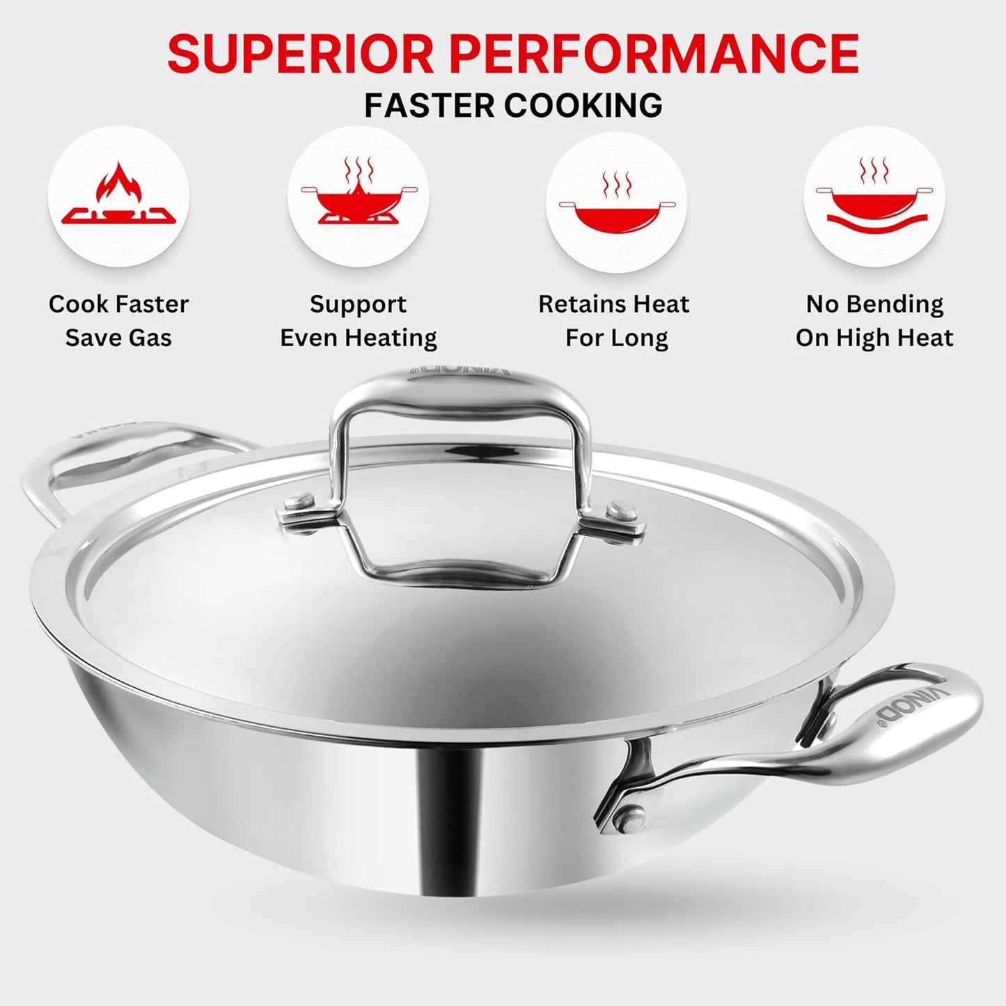 Stainless Steel Triply Kadai with lid Stainless Steel Cookware Serving Ware Wok With Lid 3.2ltr