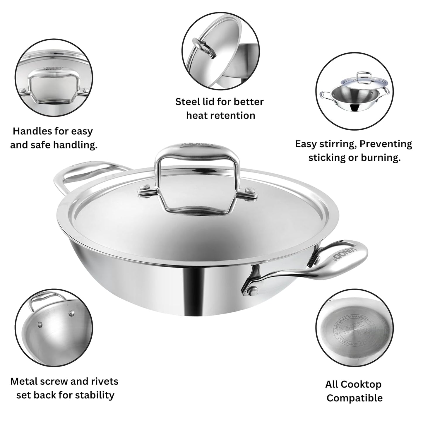 Stainless Steel Triply Kadai with lid Stainless Steel Cookware Serving Ware Wok With Lid 3.2ltr