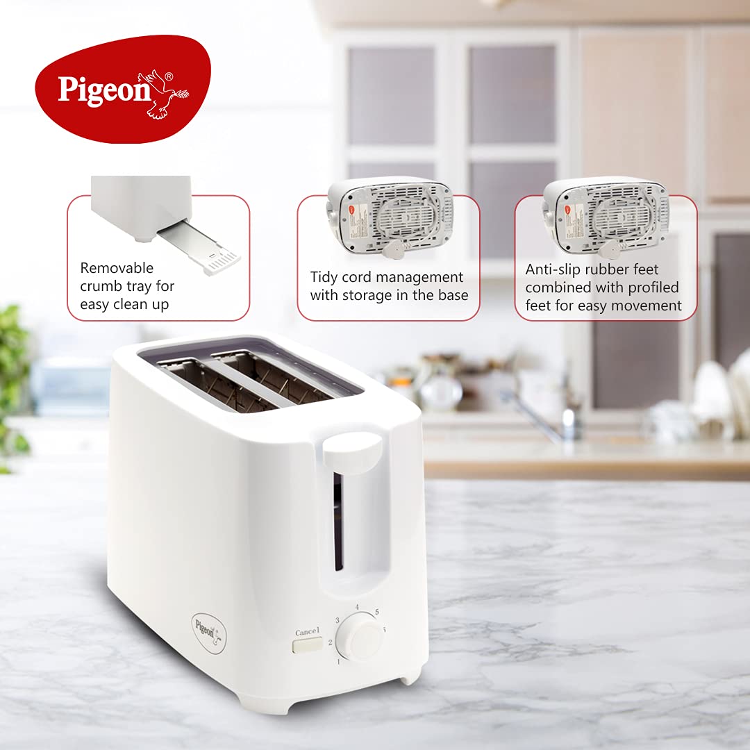 Pigeon 2 Slice Auto Pop up Toaster. A Smart Bread Toaster for Home (750 Watt) (White)