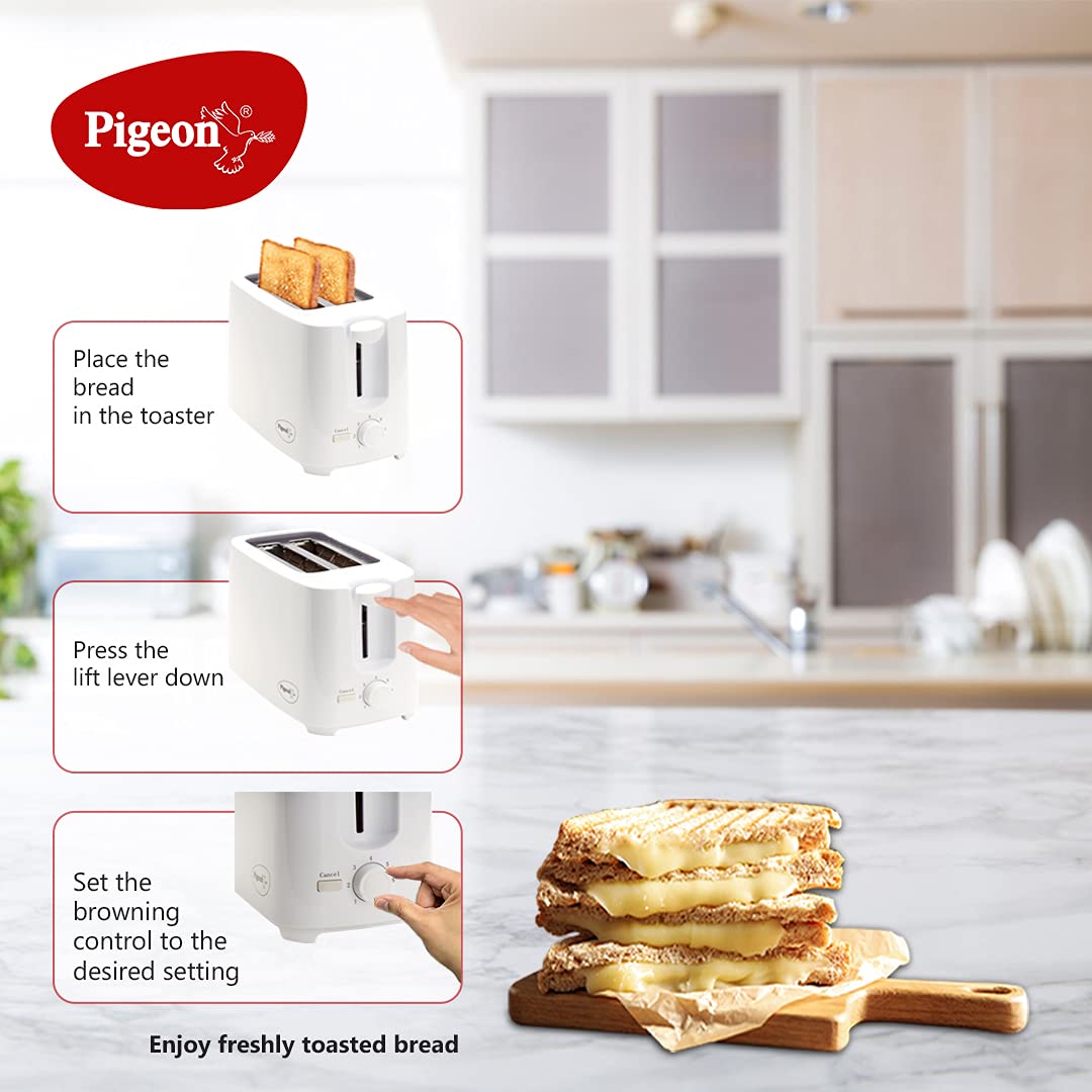 Pigeon 2 Slice Auto Pop up Toaster. A Smart Bread Toaster for Home (750 Watt) (White)