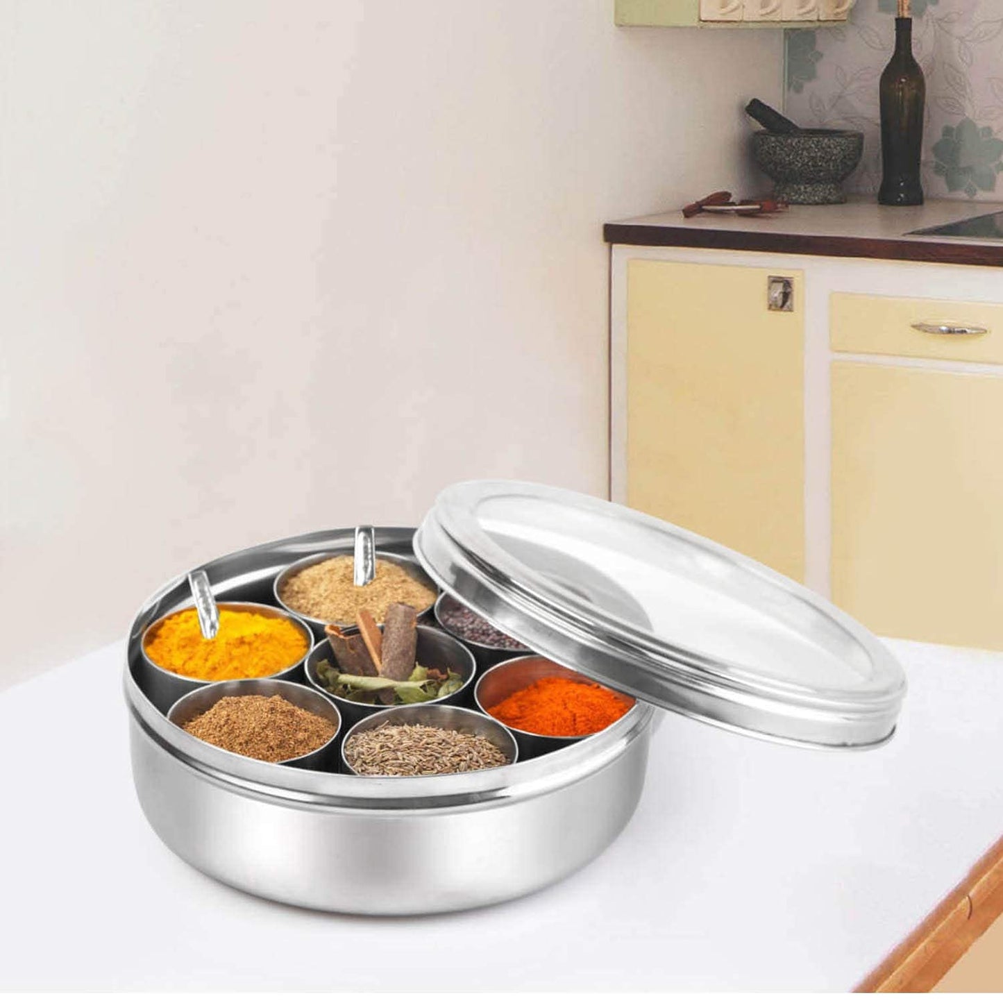 Stainless Steel spice box container organiser with Glass lid and spoons spice organiser spice storage