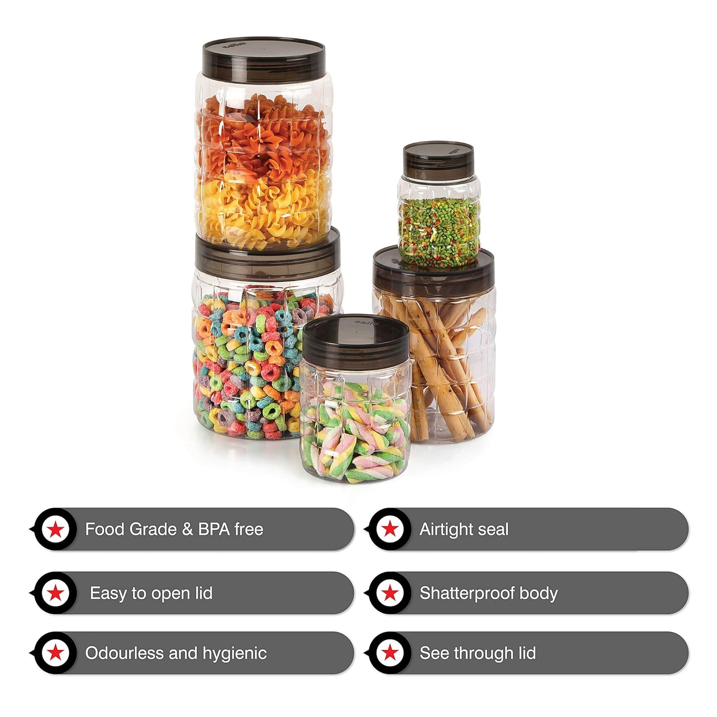 CELLO Checkers Pet Plastic Airtight Canister Set | Food grade and BPA free canisters | Air tight seal & Stackable Transparent | 300ml x 6, 650ml x 6, 1200 x 6, Set of 18