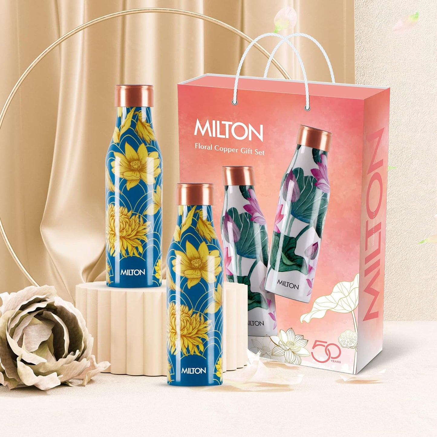 Milton Copper Water bottle 1 litre Flower Design Pack of 2