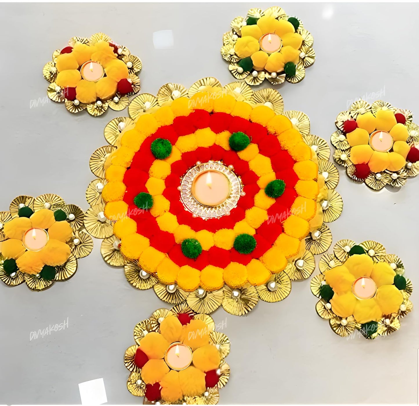 Yellow Theme Rangoli Mats for Home Decoration Set of 7 Home Decorative Diya Deepak Candles Home Decoration Tea Light Diya