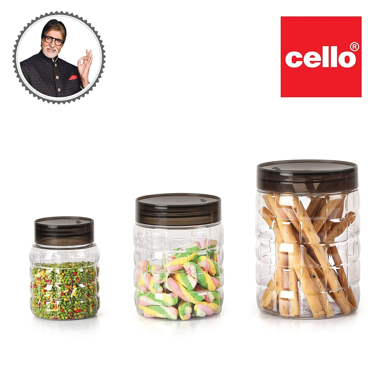 CELLO Checkers Pet Plastic Airtight Canister Set | Food grade and BPA free canisters | Air tight seal & Stackable Transparent | 300ml x 6, 650ml x 6, 1200 x 6, Set of 18