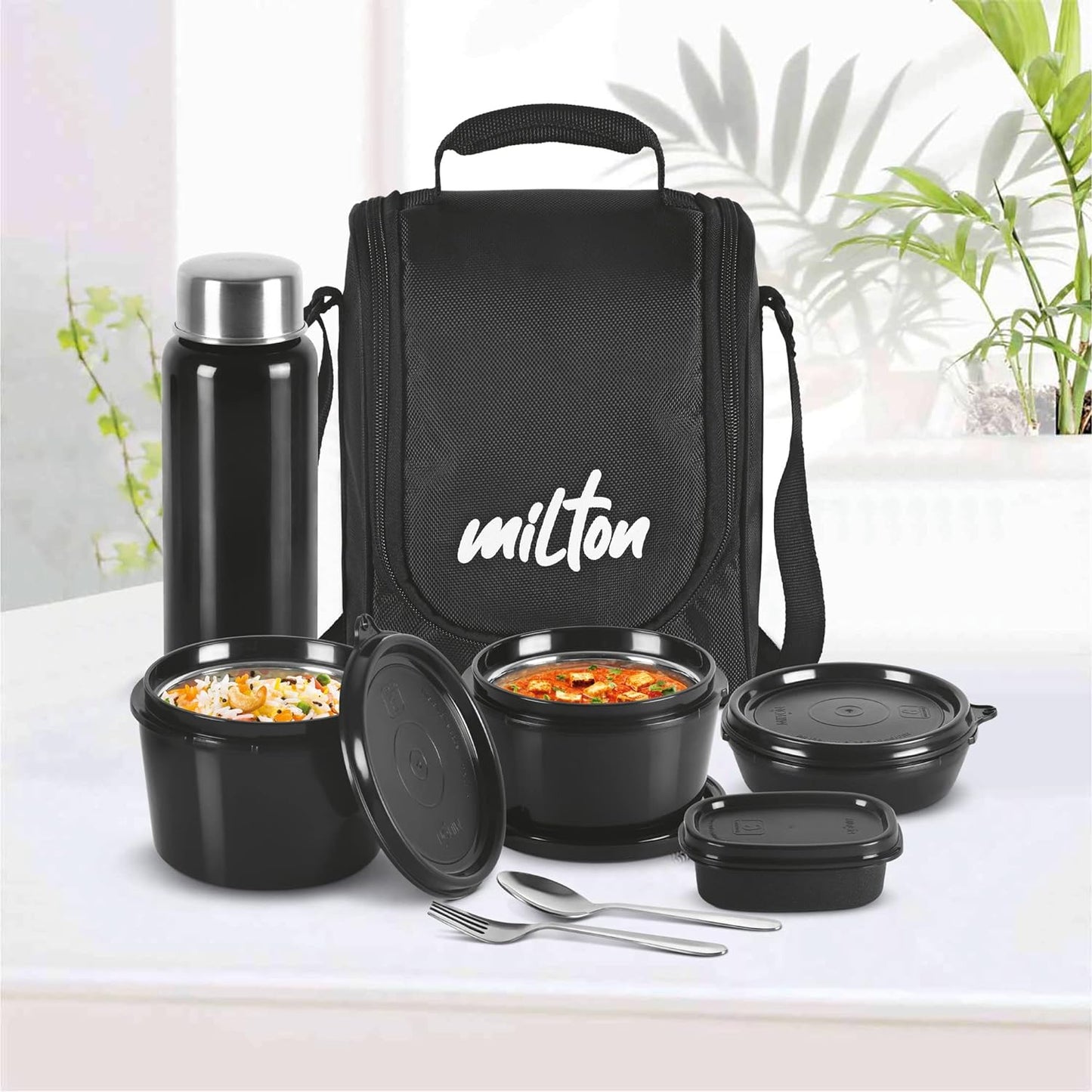 Milton Pro Lunch Tiffin with 3 compartment , 1 chutney dabba, 1 steel bottle , 1 spoon , 1 fork and cover