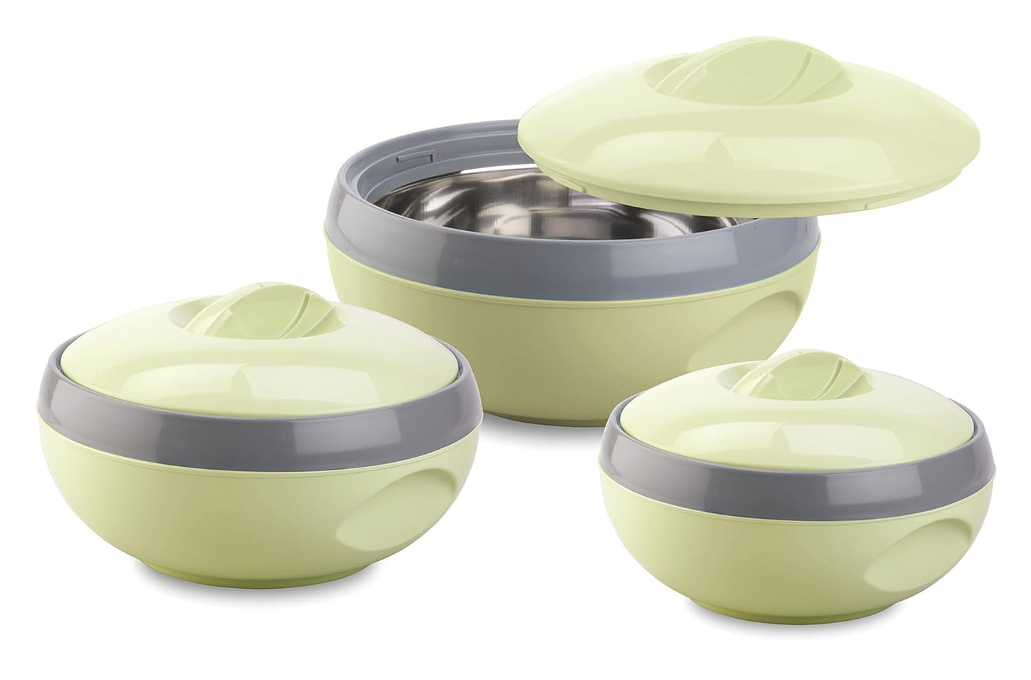 Plastic Inner Stainless Steel Casserole  Set of 3 Royal (1000 ml, 1500 ml, 2500 ml), Pista Green Food Grade  Hot & Cold Easy To Carry