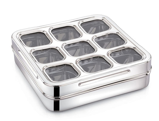 Stainless Steel Square Shape spice box container organiser  with glass Lid and spoons spice organiser spice storage