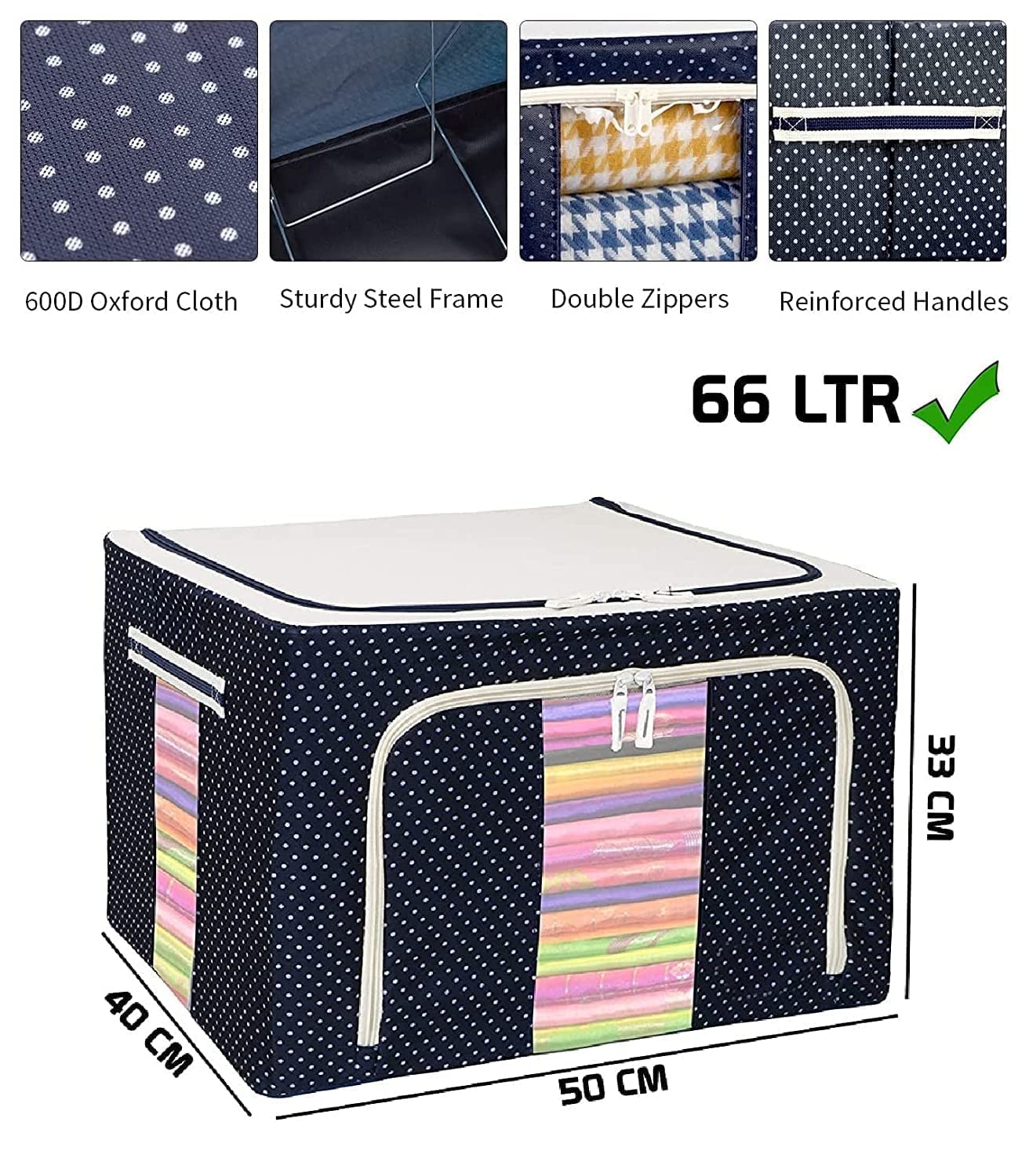 Clothes Storage Box Foldable Steel Frame Clothes Organizer Storage Box for Wardrobe, Saree, Shirts, and Blankets (oxford fabric) (66 LTR Pack Of 2))