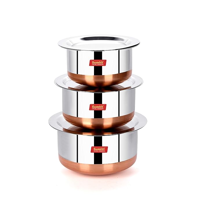 Sumeet Stainless Steel Copper Bottom 3Pc Tope Set with Lid (400Ml, 530Ml, 800Ml) Kitchen Serving, Cooking Bowl