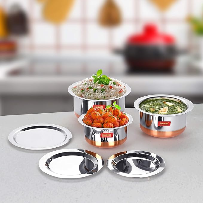 Sumeet Stainless Steel Copper Bottom 3Pc Tope Set with Lid (400Ml, 530Ml, 800Ml) Kitchen Serving, Cooking Bowl