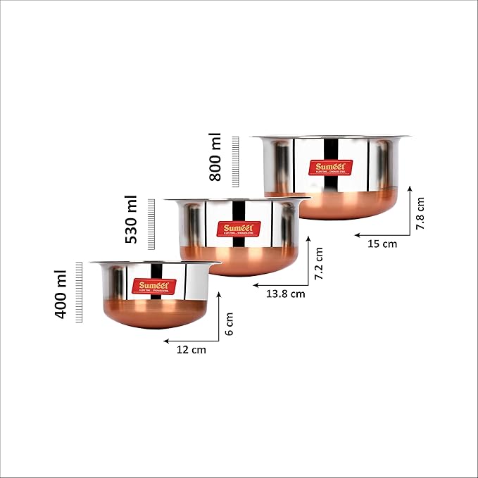 Sumeet Stainless Steel Copper Bottom 3Pc Tope Set with Lid (400Ml, 530Ml, 800Ml) Kitchen Serving, Cooking Bowl