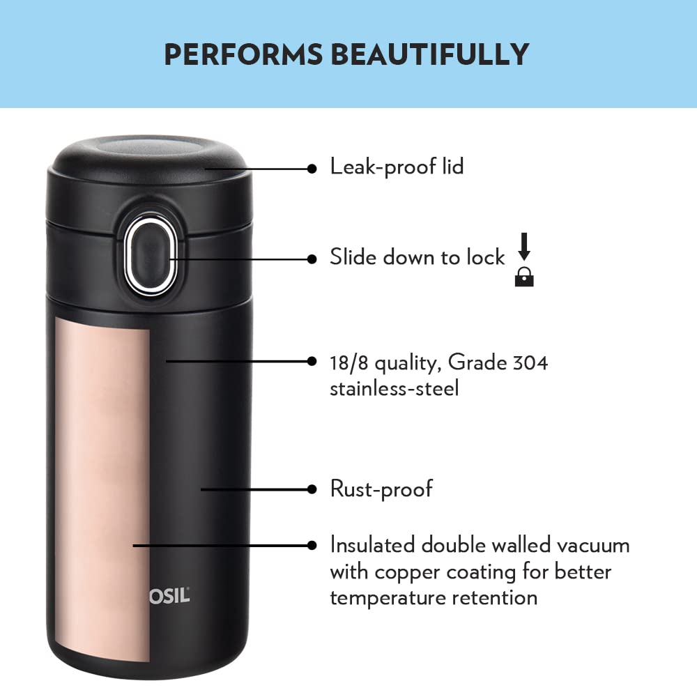 Borosil Stainless Steel Hydra Double Wall Vacuum Insulated Traveller Flask, Coffee Tumbler Coffee Mug (Black, 300 ml)