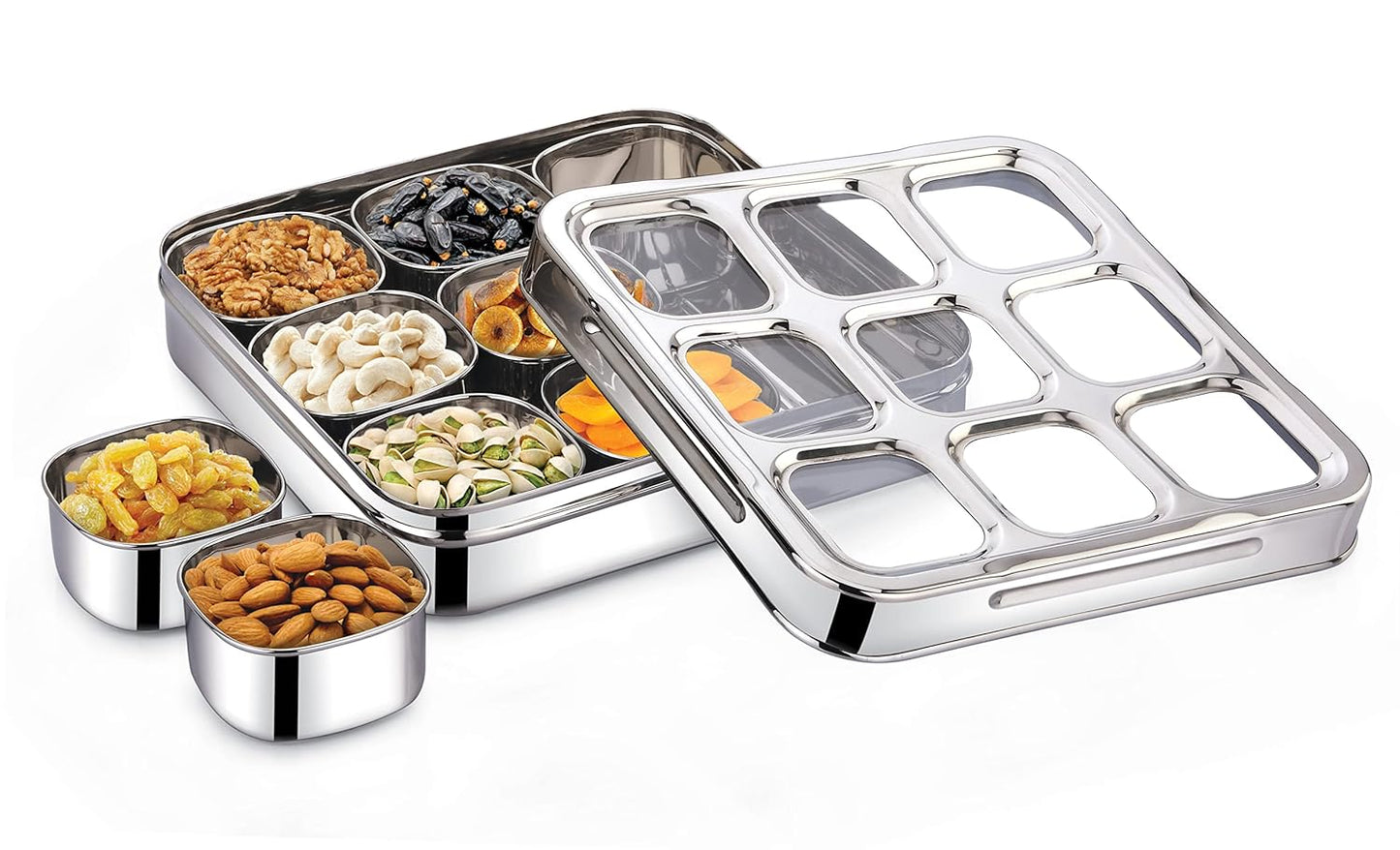 Stainless Steel Square Shape spice box container organiser  with glass Lid and spoons spice organiser spice storage