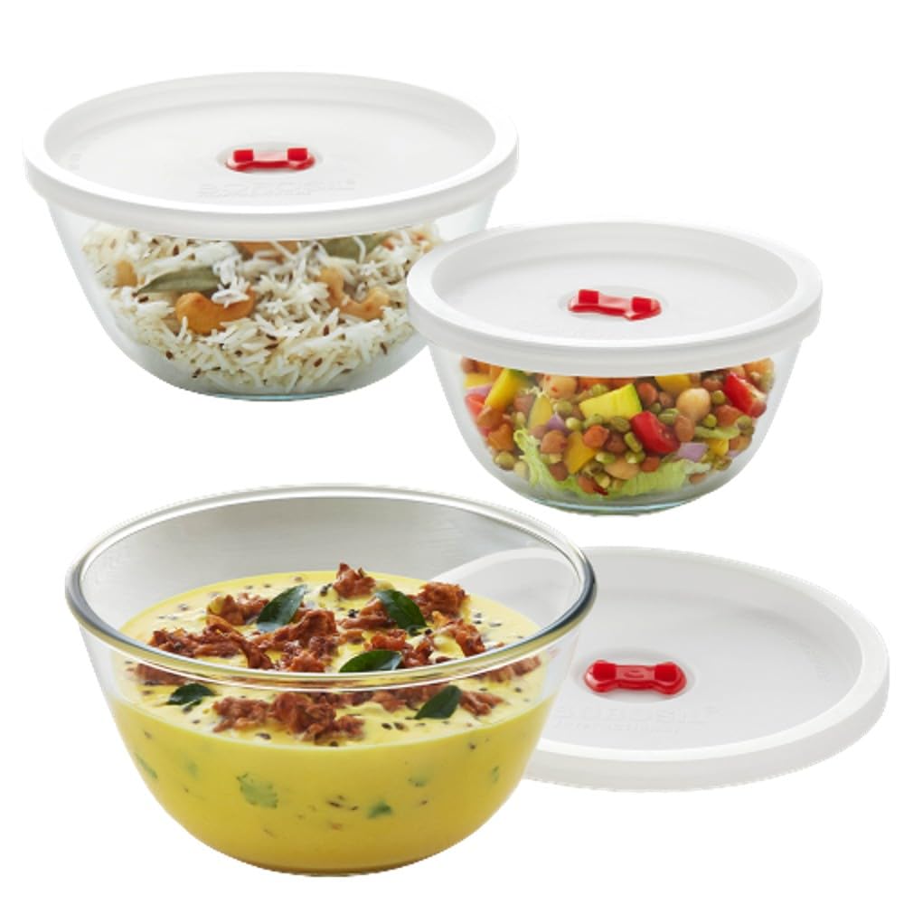 Borosil Glass Serving & Mixing Bowls With Lids Oven & Microwave Safe Bowls Set of 3 (500 ml + 900 ml + 1.3 L) Borosilicate Glass Clear bowls set serving bowl set