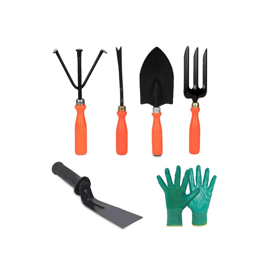 Essential Gardening Hand Tools - 6 pieces | Gardening Tool Set Combo | Durable Home Garden Tool Kit for Soil | Cultivator | Fork Trowel | Weeder | Khurpi | Garden Gloves