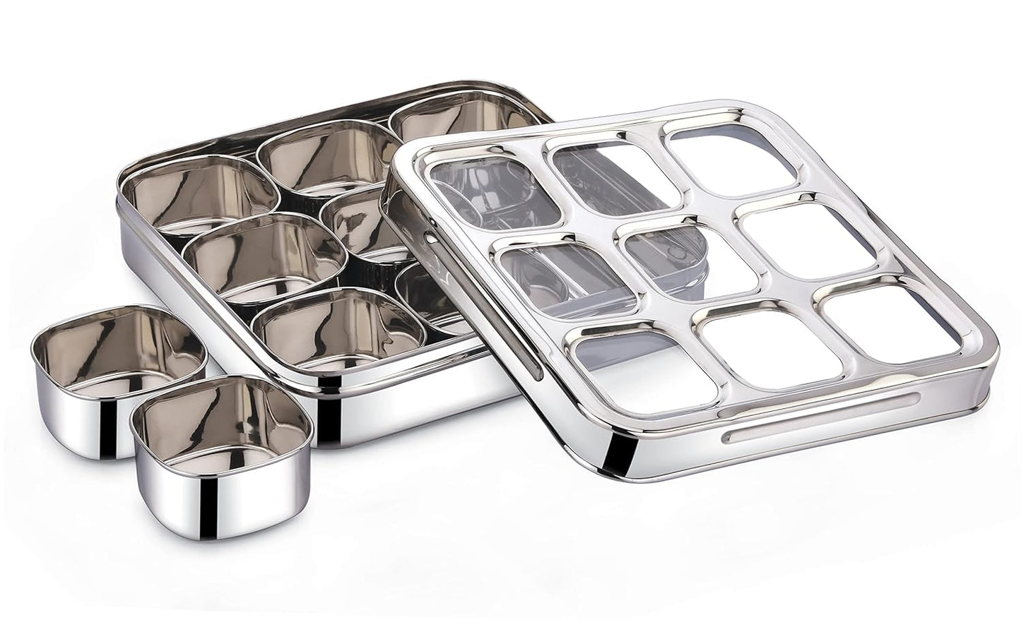 Stainless Steel Square Shape spice box container organiser  with glass Lid and spoons spice organiser spice storage