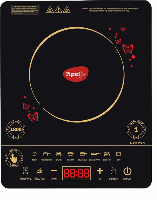 Pigeon By Stovekraft 14429 Acer Plus 1800 Watt Induction Cooktop with Feather Touch Control, Induction Stove comes with 8 Preset Menus and Auto-Shut Off features (Black)