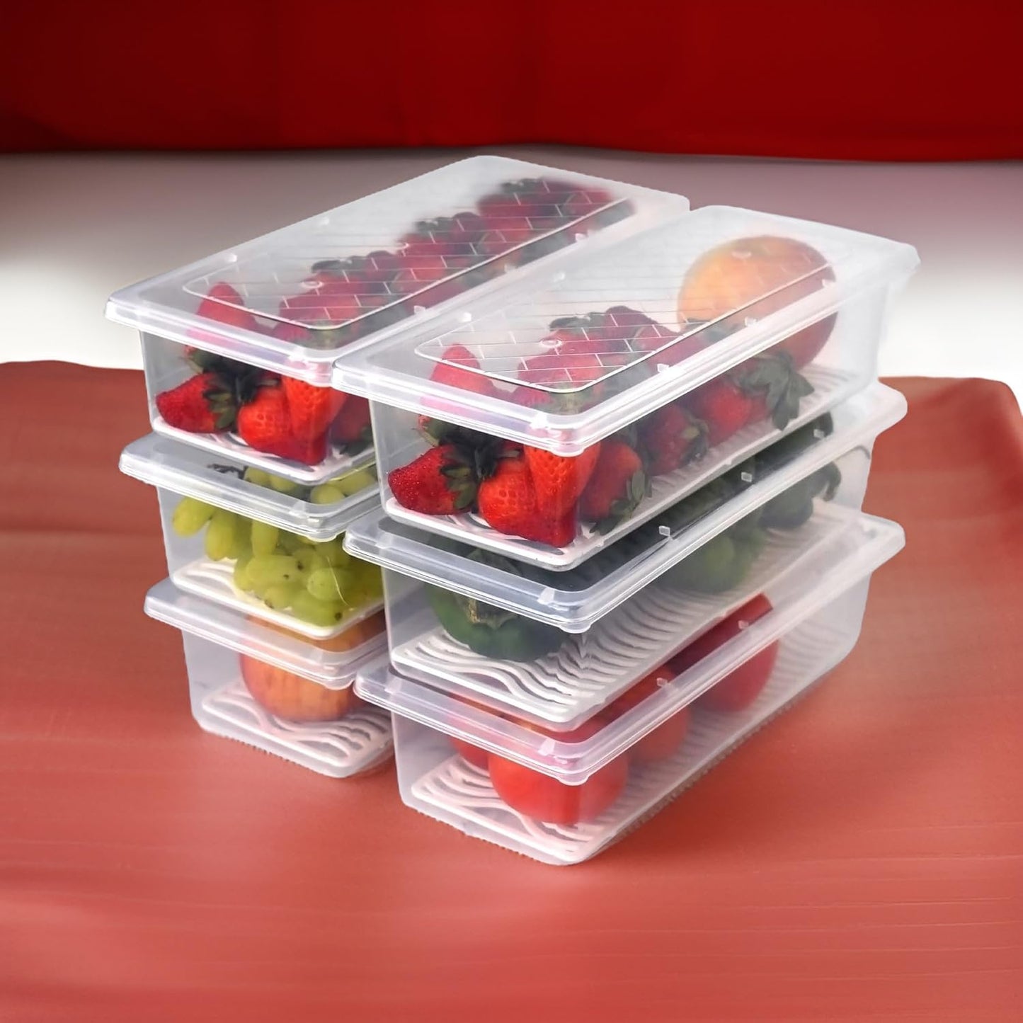 Fridge storage boxes Container With Removable Drain Plate And Lid 1500 Ml pack of 6