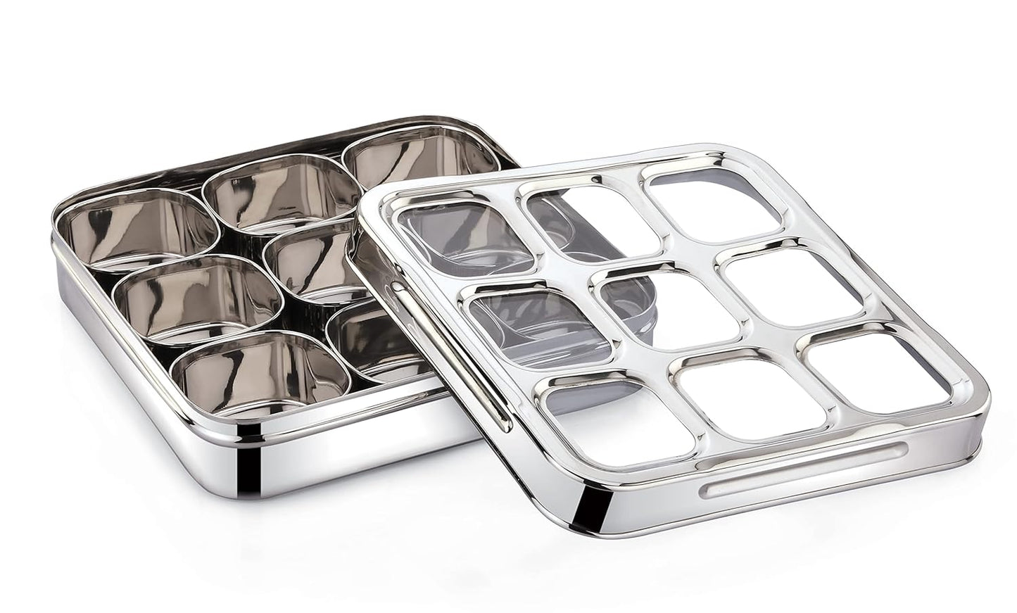 Stainless Steel Square Shape spice box container organiser  with glass Lid and spoons spice organiser spice storage