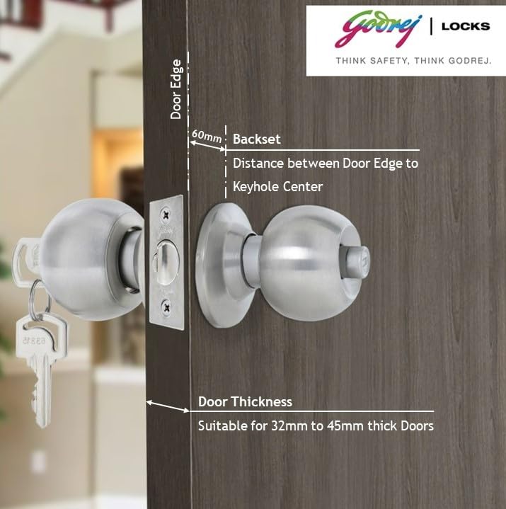 Godrej Locks 5808 Cylindrical Stainless Steel Silver Backset 60mm Door Knobs Pk of 1