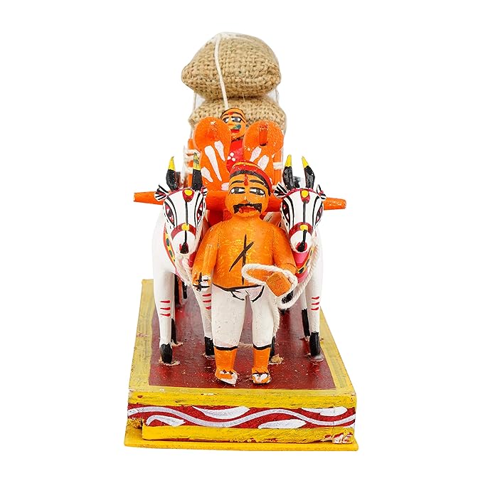 Wooden Kondapalli Bullock Cart Traditional Indian Toy  Farmer Couple  Cultural Home Decor  8 inch