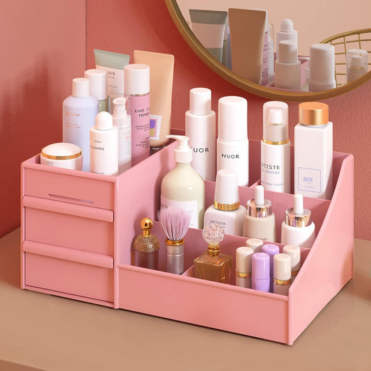 Cosmetic Organizer Box Drawers Storage Plastic Stationary Box | Make Up Organiser For Women (Pink)
