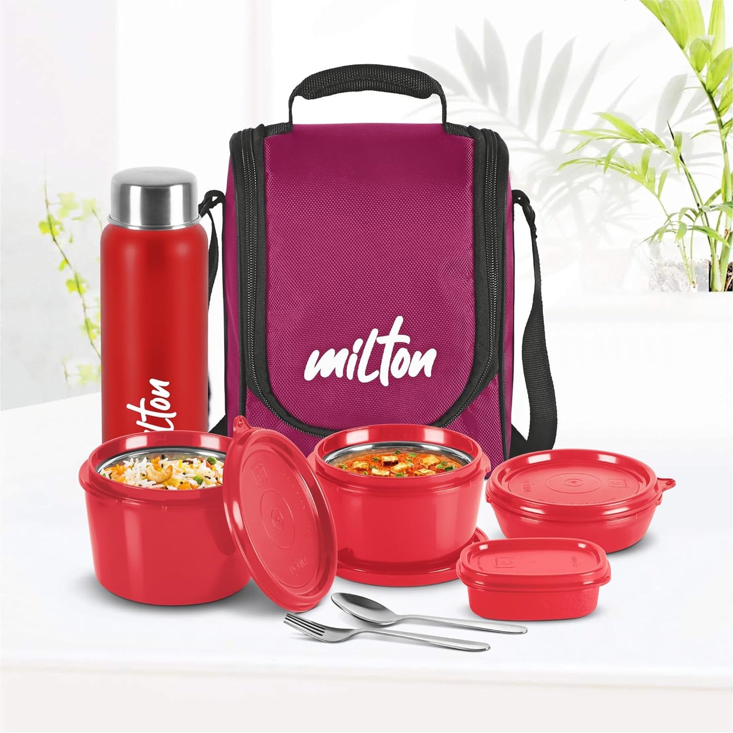 Milton Pro Lunch Tiffin with 3 compartment , 1 chutney dabba, 1 steel bottle , 1 spoon , 1 fork and cover