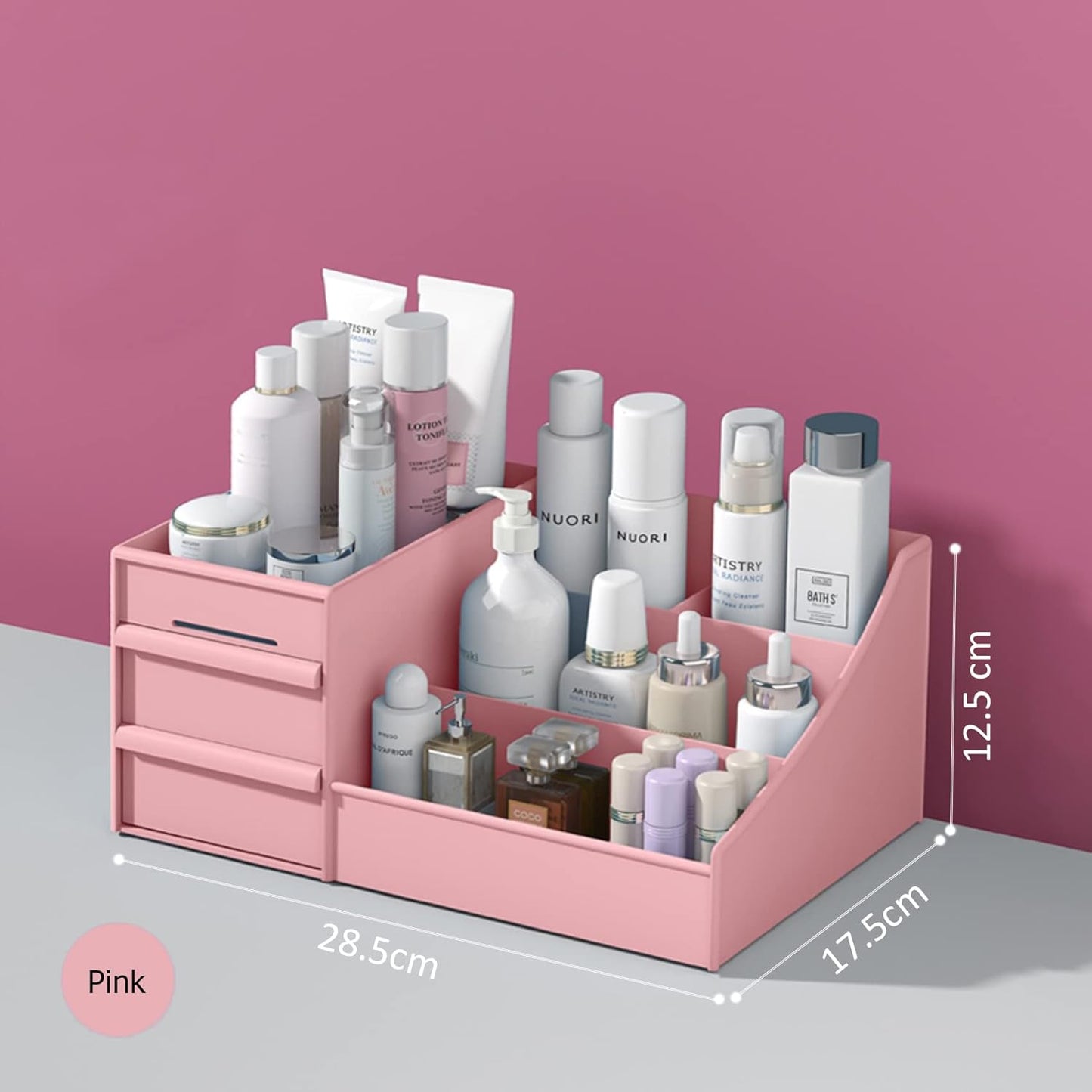 Cosmetic Organizer Box Drawers Storage Plastic Stationary Box | Make Up Organiser For Women (Pink)