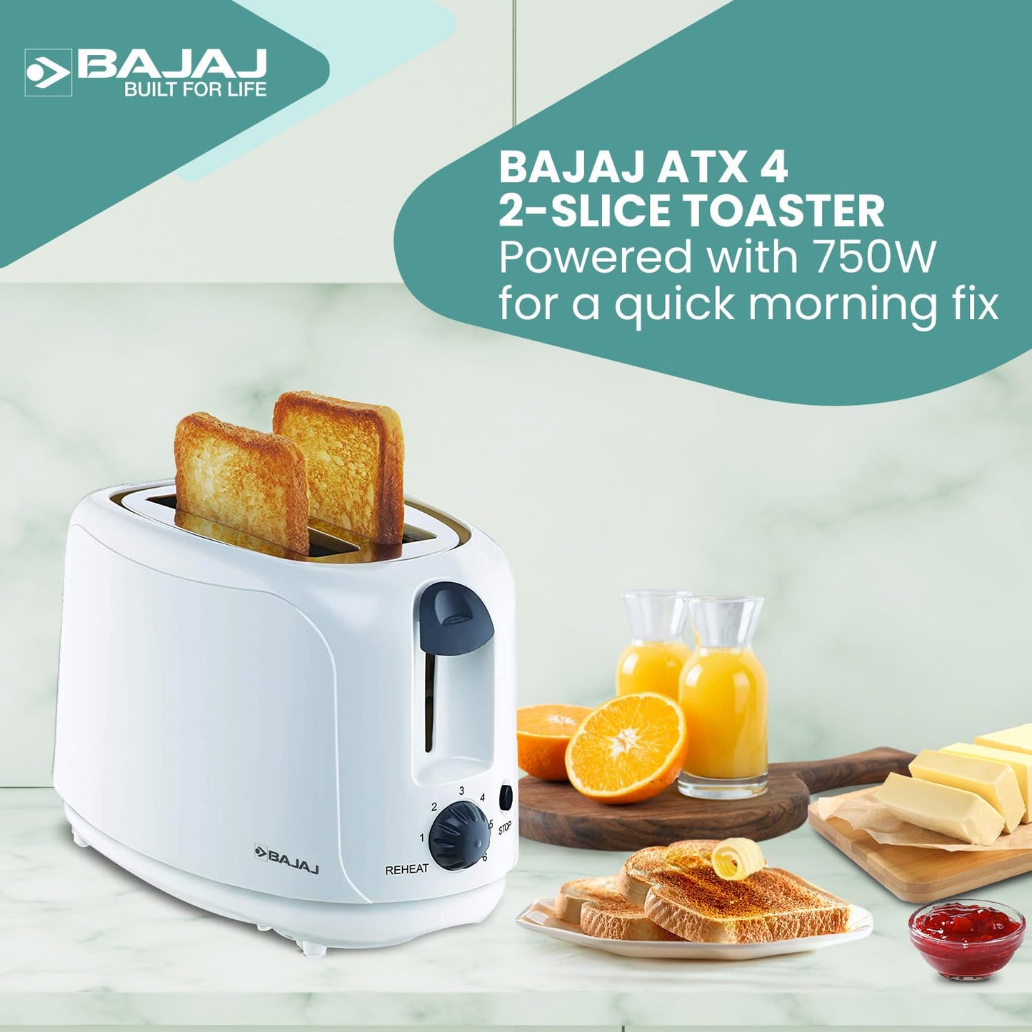 Bajaj ATX 4 750-Watt 2-Slice Pop-up Toaster | Dust Cover & Slide Out Crumb Tray | 6-Level Browning Controls | Mid-Cycle Cancel Feature| White Electric Toaster