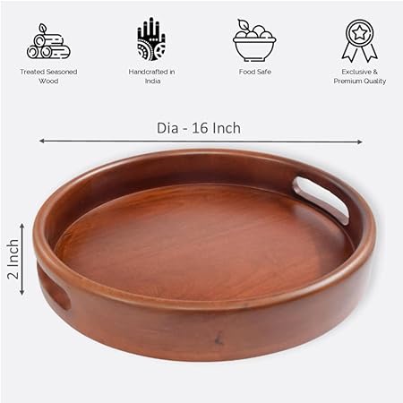 Handcrafted Round Wooden Serving Tray 16x16 Inch Platter Kitchen Tray