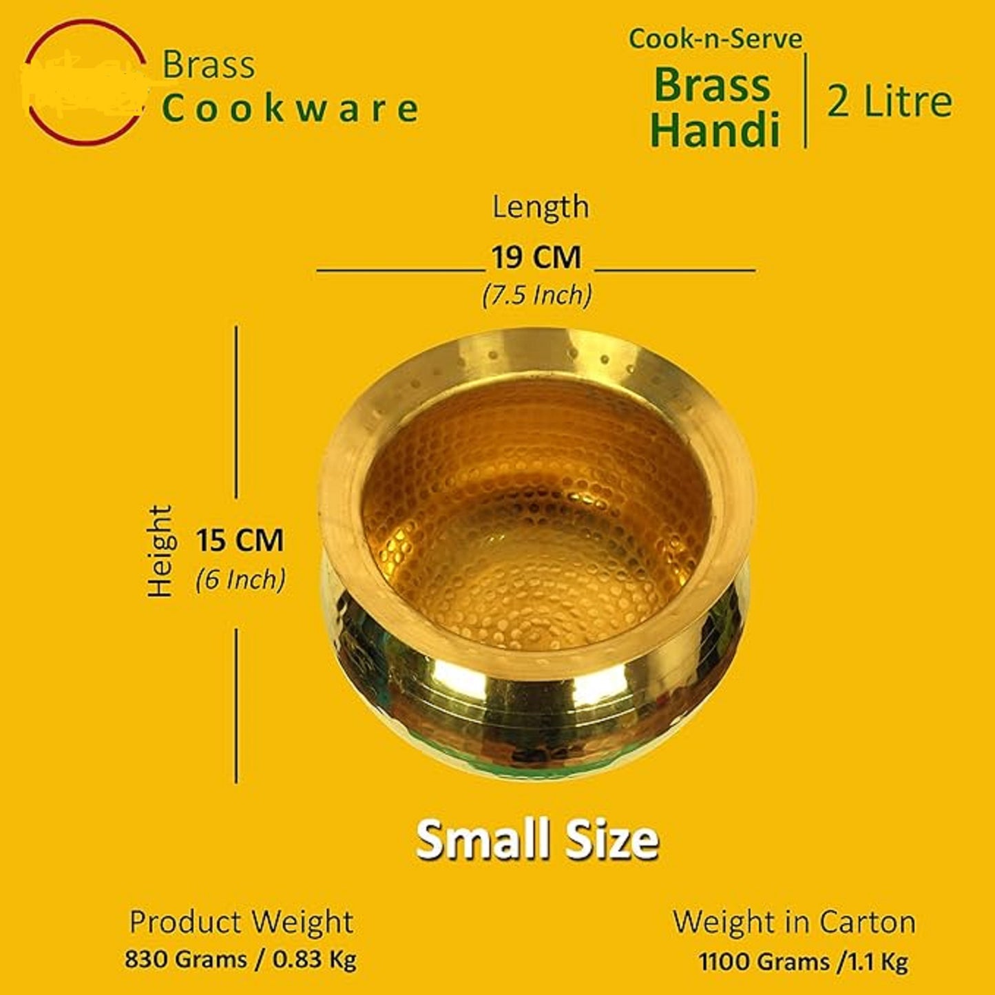 Brass Handi for Cooking Food (Water Capacity 2 Litre) Small Size Brass Handi for Cooking Brass Utensils for Kitchen Cooking