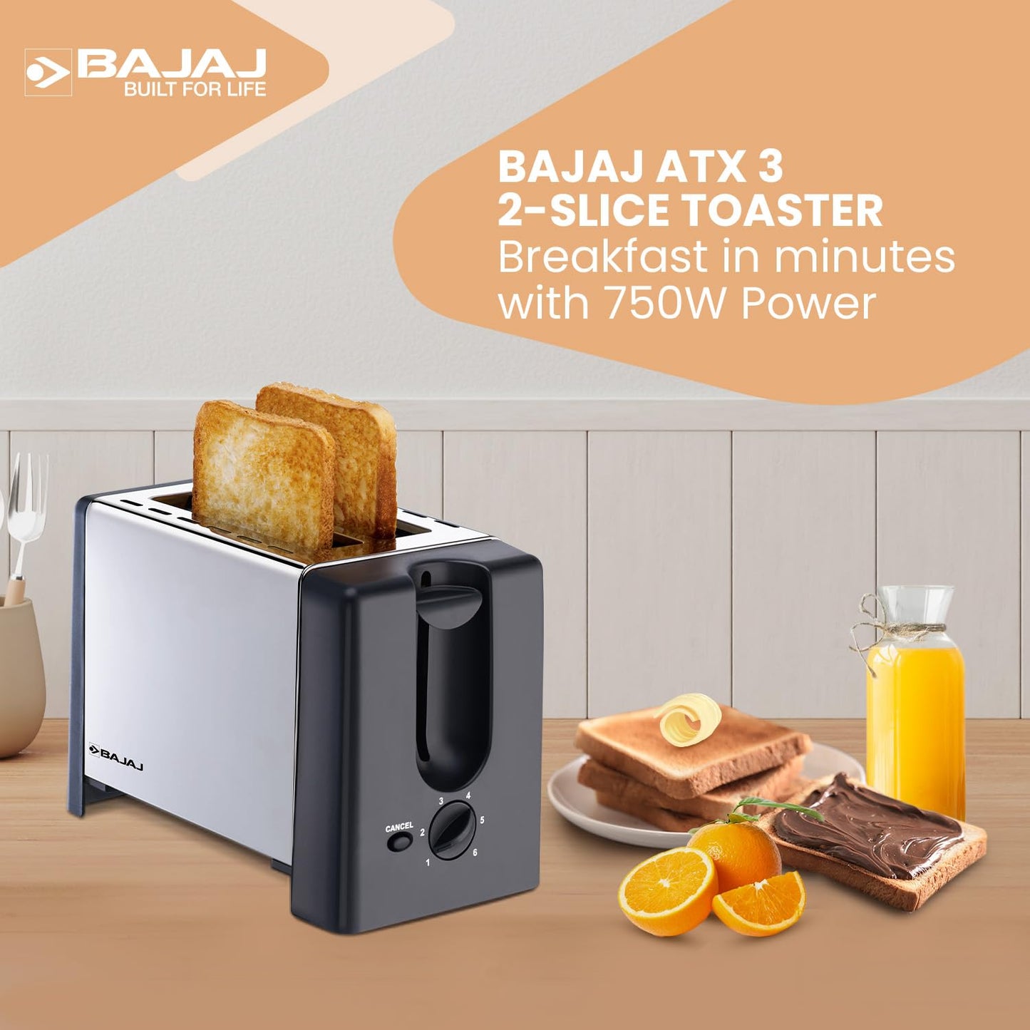 Bajaj ATX 3 750-Watt Pop-up Toaster | 2-Slice Automatic Pop up Toaster| Dust Cover & Slide Out Crumb Tray | 6-Level Browning Controls | Black/Silver Electric Toaster