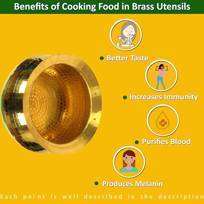 Brass Handi for Cooking Food (Water Capacity 2 Litre) Small Size Brass Handi for Cooking Brass Utensils for Kitchen Cooking