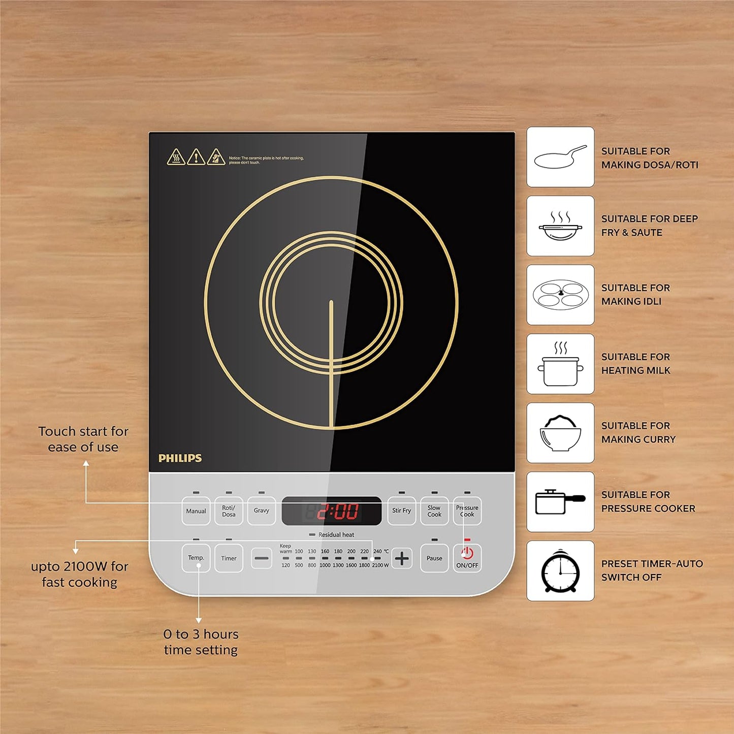 Philips Viva Collection HD4928/01 2100-Watt Induction Cooktop, Soft Touch Button with Crystal Glass (Black)