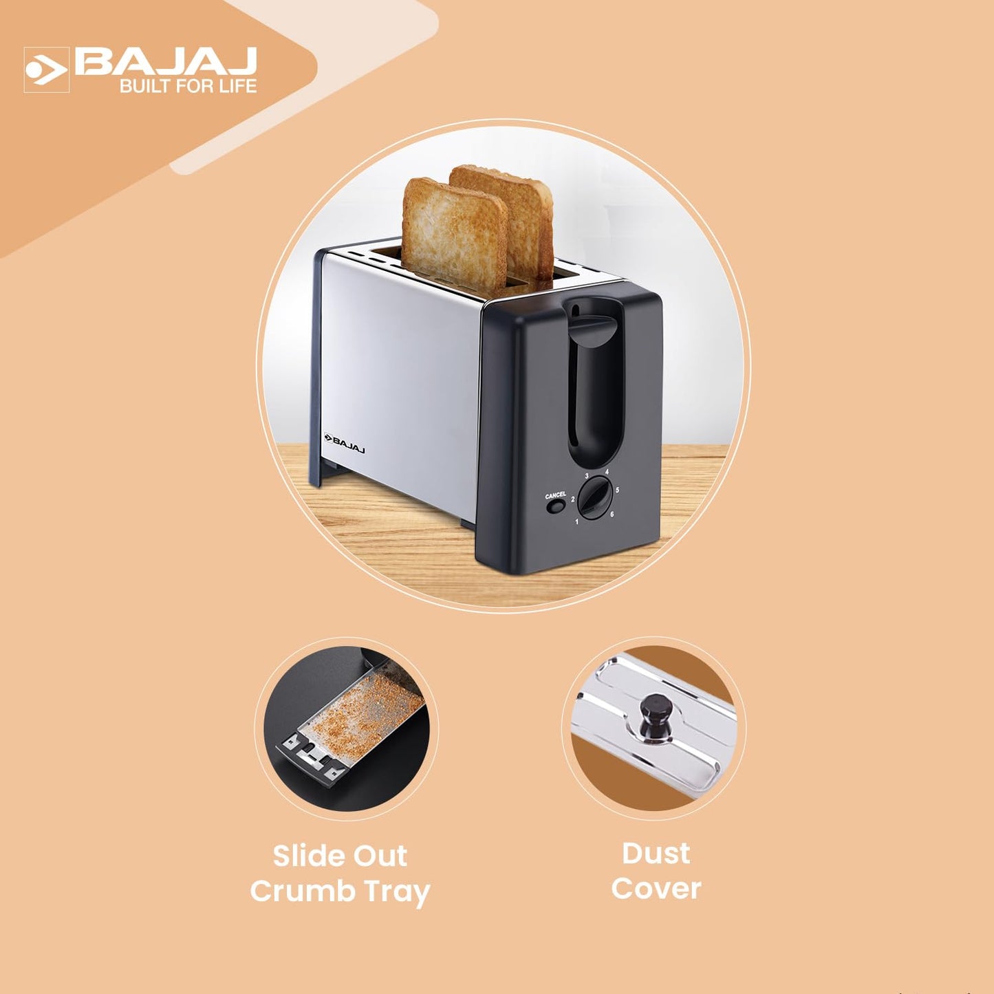 Bajaj ATX 3 750-Watt Pop-up Toaster | 2-Slice Automatic Pop up Toaster| Dust Cover & Slide Out Crumb Tray | 6-Level Browning Controls | Black/Silver Electric Toaster