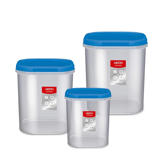 MILTON Quadra Storage Container, Set of 3, (2000 ml, 3000 ml, 4000 ml), Blue | Air Tight | Stackable | Multipurpose | Kitchen Organizer | BPA Free |