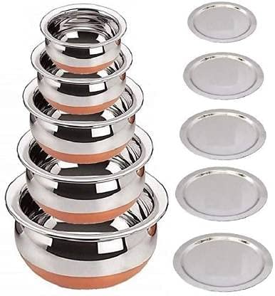 Stainless Steel Copper Bottom Kitchen Serving, Cooking Bowl Handi Set Biryani Handi With Cover 5-Pieces
