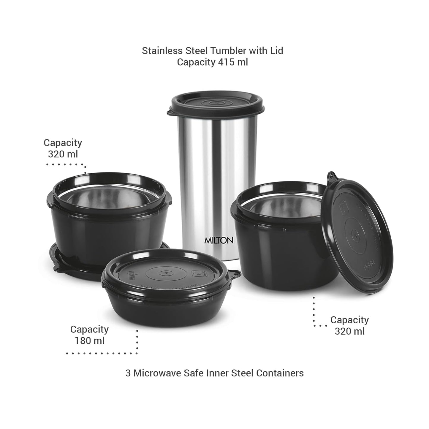 MILTON Floret Tiffin (3 Microwave Safe Inner Steel Containers, 180/320 /320 ml; 1 Stainless Steel Tumbler with Lid, 415 ml) with Insulated Fabric Jacket