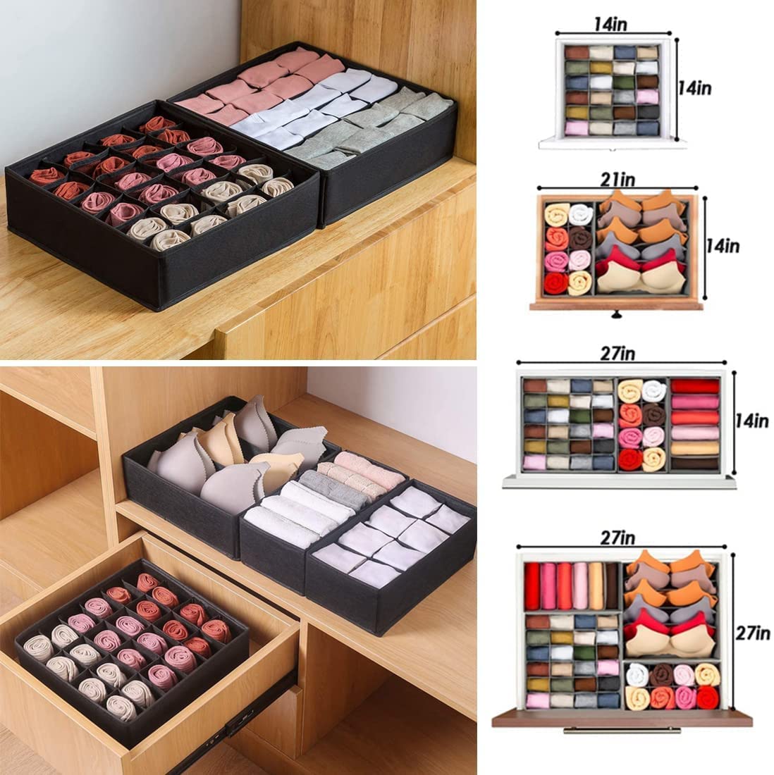 Set of 4 Foldable Innerwear Organiser for Wardrobe Storage Box Drawer Divider Organizer Closet Storage for Socks Bra Tie Scarf Non Woven Fabric Black- Drawer Organizer