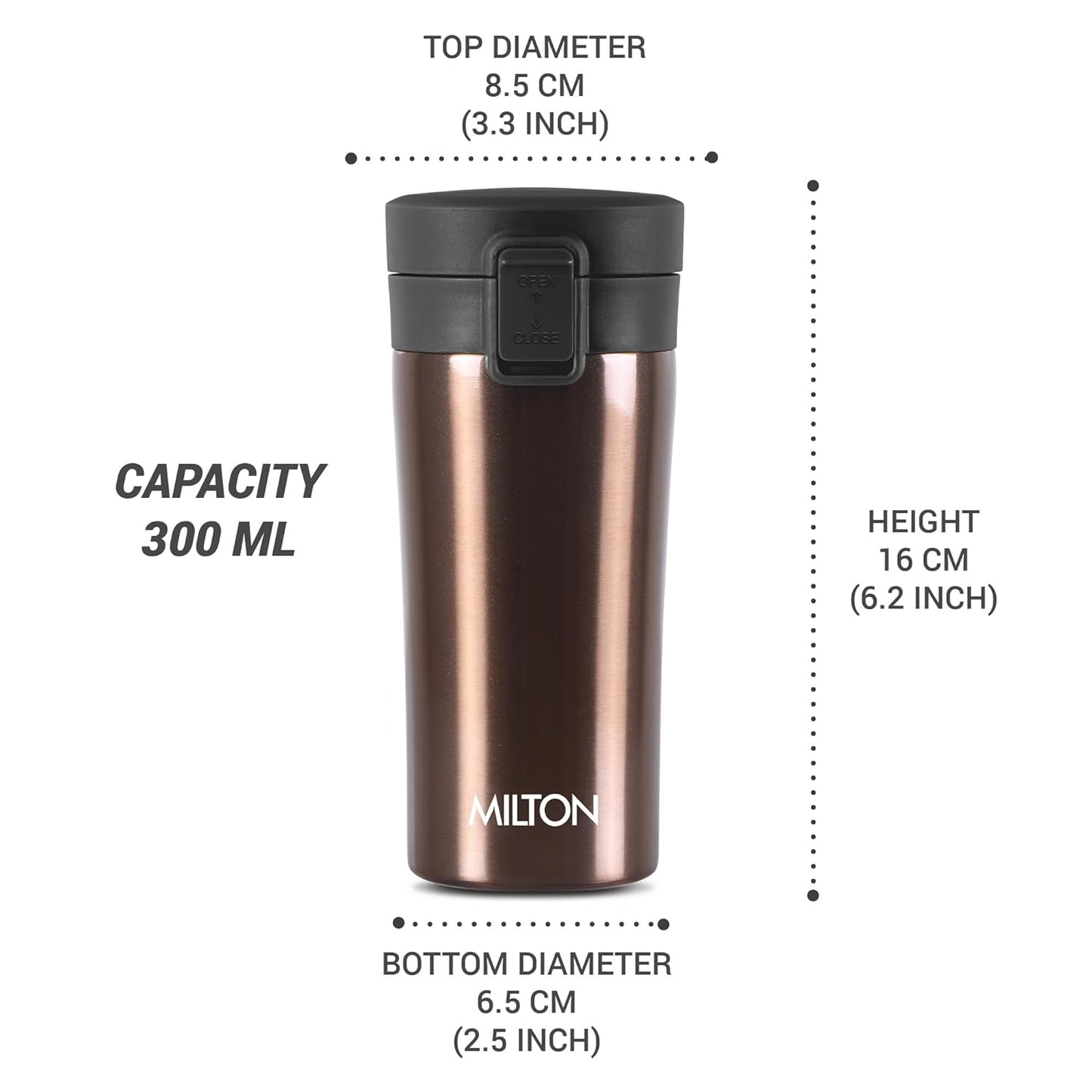 MILTON Coffee Mug Thermosteel Hot or Cold Insulated Mug, 300 ml, Black | Leak Proof | Rust Proof | Tea Mug | Juice Mug | Water Flask | Easy Grip | Easy to Carry