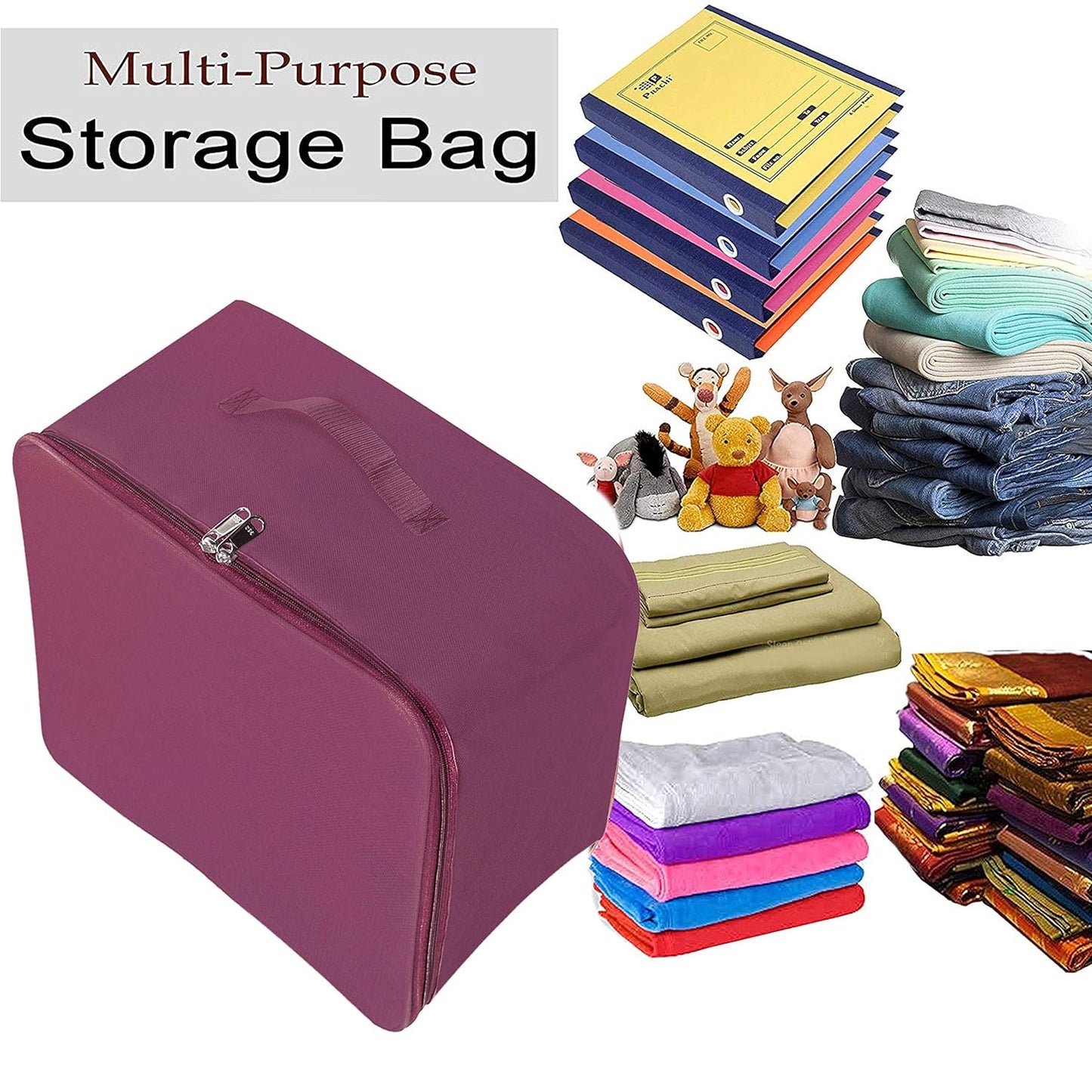 2 Pack Nylon Wardrobe Bag Underbed Moisture Proof Cloth Storage Organizer Saree Bags with Zippered Closure & Handle (Magenta, 37x35x23 cm) Square