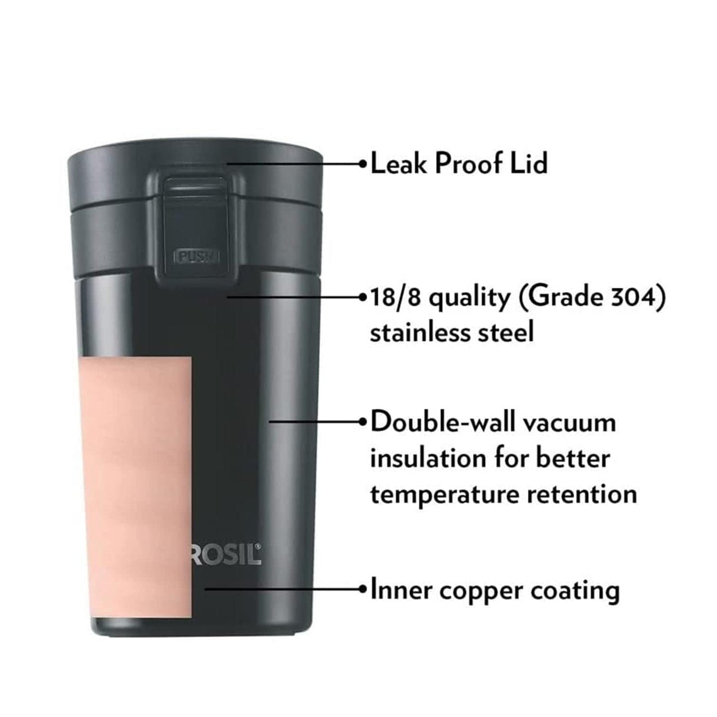 Borosil Hydra Vacuum Insulated 300 ml Coffeemate Stainless Steel Travel Mug Spill Proof