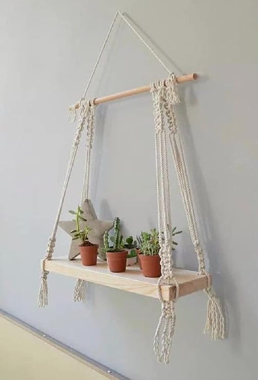 Wall Hanging Shelf Decor Wood Floating Boho Shelves with Wooden Dowel Hand Decor for Apartment Dorm Bedroom Living Room Nursery Beige 55 x 43cm