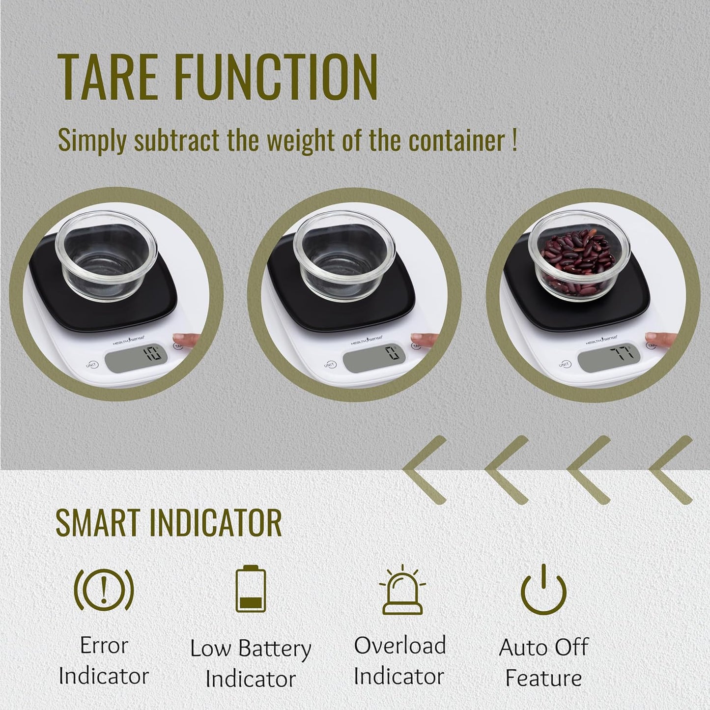 HealthSense Weight Machine for Kitchen, Kitchen Food Weighing Scale for Health, Fitness, Home Baking & Cooking with Bright LCD, Touch Button, Tare Function