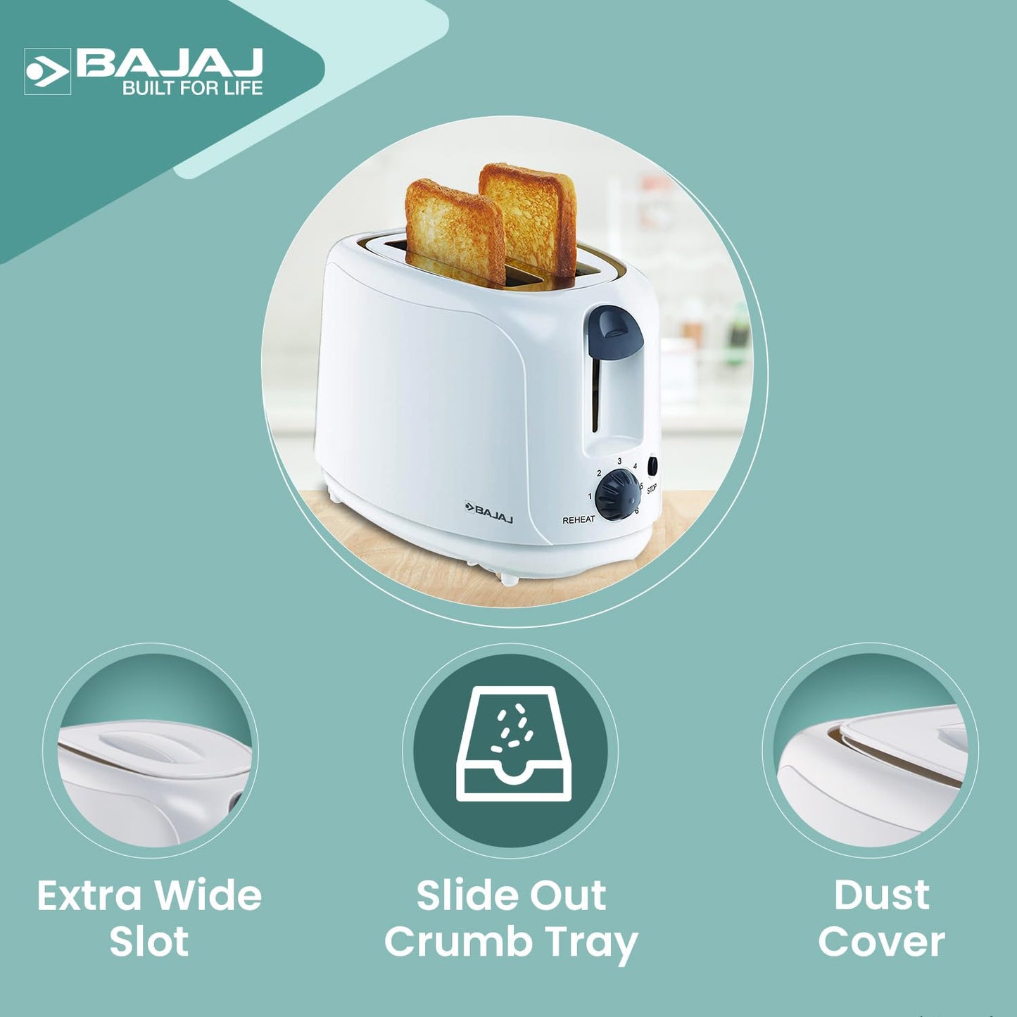 Bajaj ATX 4 750-Watt 2-Slice Pop-up Toaster | Dust Cover & Slide Out Crumb Tray | 6-Level Browning Controls | Mid-Cycle Cancel Feature| White Electric Toaster