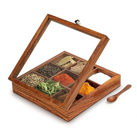 Sheesham Wooden Table Top Masala Dabba Containers Jars & Kitchen Spice Box with Spoon Masala Box For Kitchen