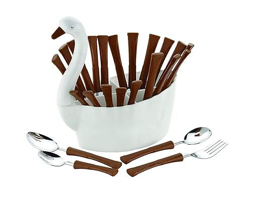 Dining Table Spoon Set with Antique Duck Shaped Revolving Stand (Brown) 24 pcs Cutlery Kitchen Spoon Setfor Dining Table