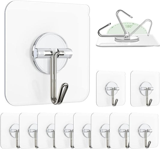 Wall Hanging Hooks for Wall Without Drilling 10 Pack Self Adhesive Hooks for Wall Heavy Duty Strong Nail Free Kitchen Accessories Items (Hanging Hook, Transparent) Stainless Steel